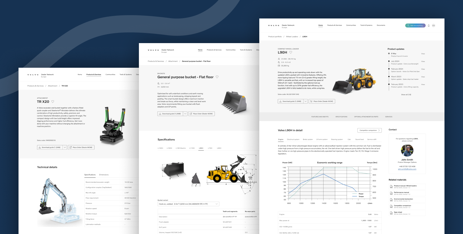 Three examples of product details pages displayed side by side slightly overlapping, against a dark blue background
