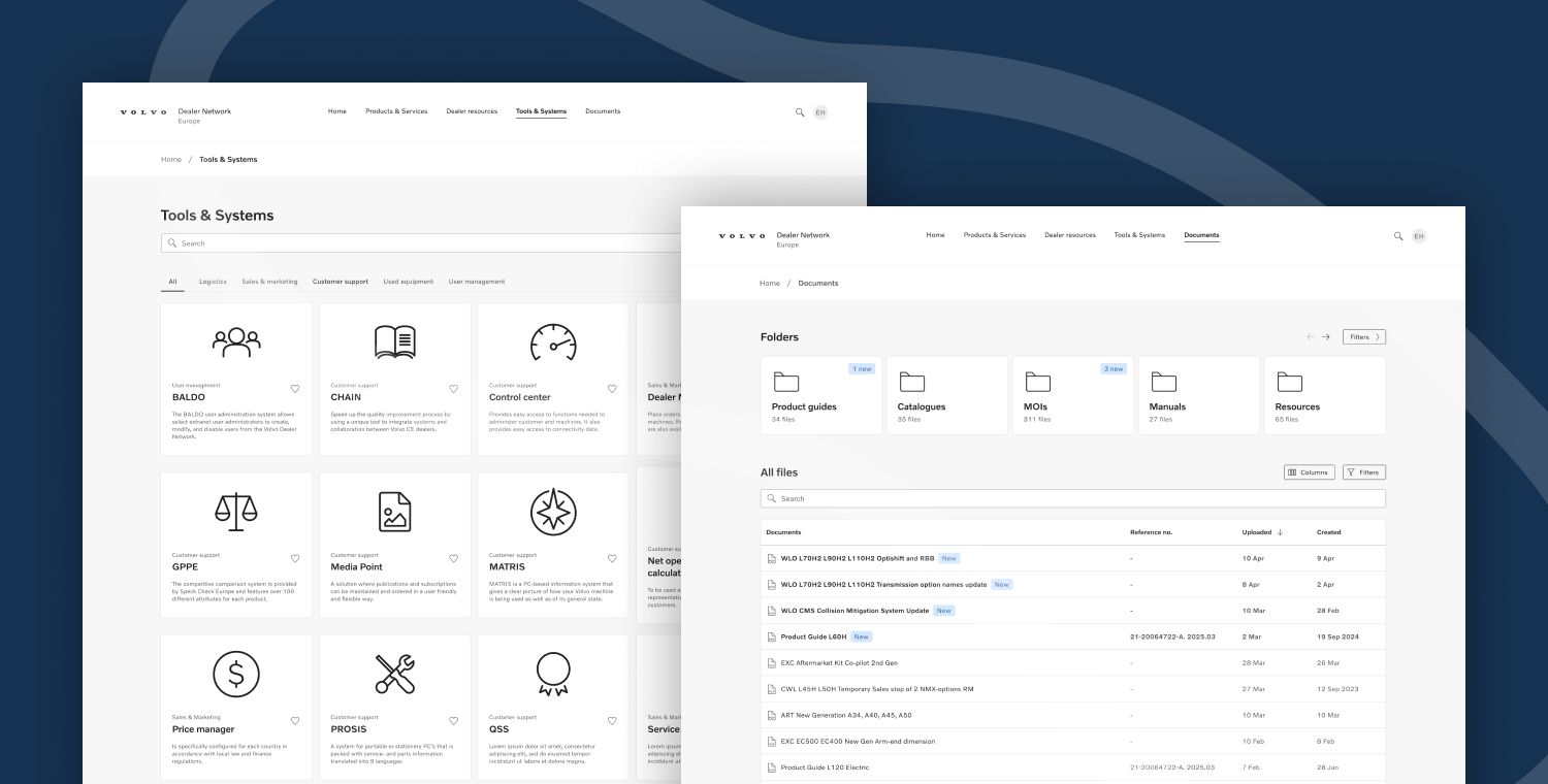 Tools & Services page and Documents page displayed side by side slightly overlapping, against a dark blue background