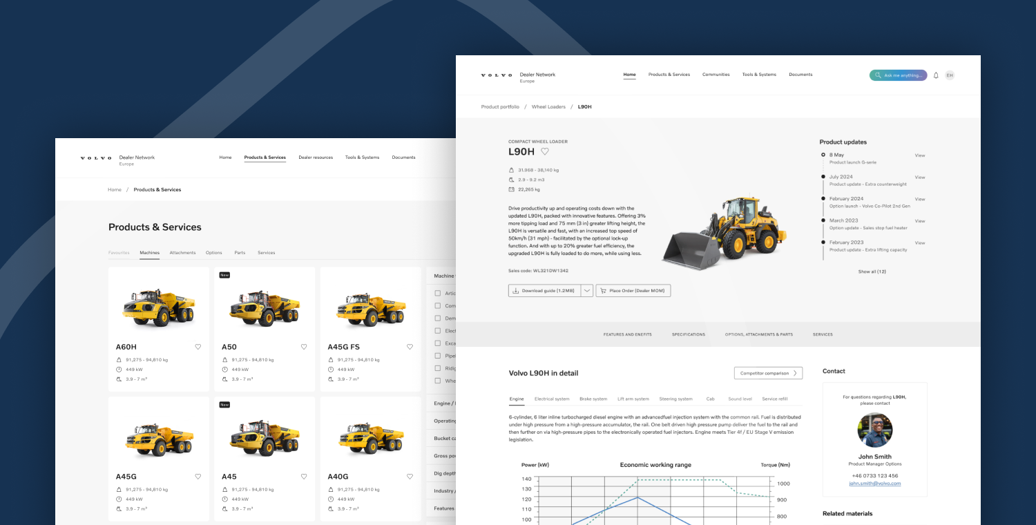 The Product & Services landing page and a product details page displayed side by side slightly overlapping, against a dark blue background